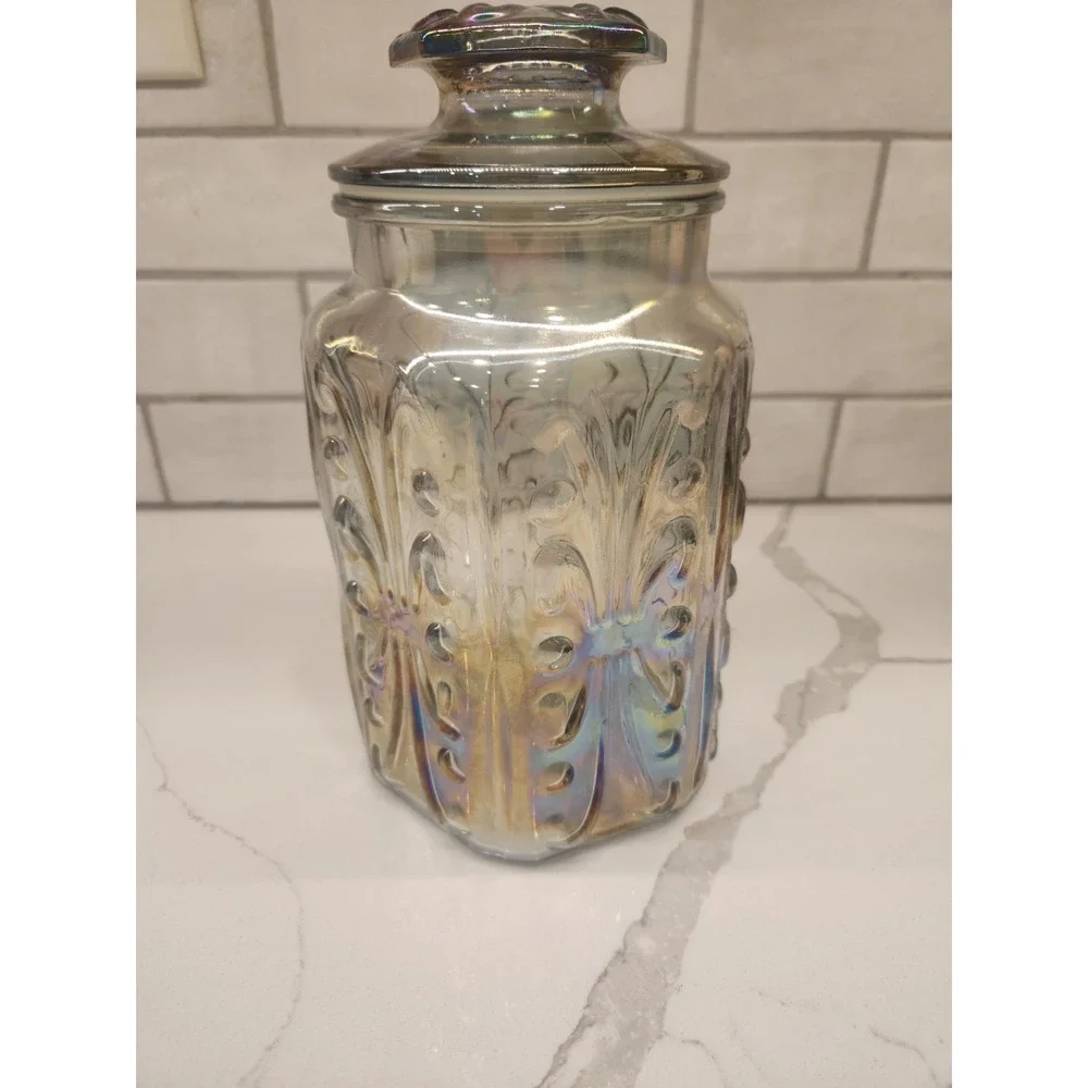 Vtg LE Smith Atterbury Scroll Canister Jar Iridescent Carnival Glass 9